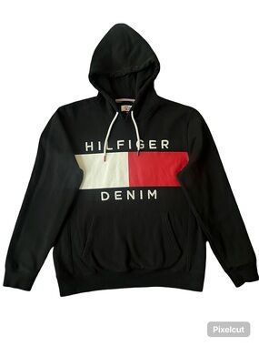 Tommy Hilfiger Black Hoodie with White and Red Flag Panel